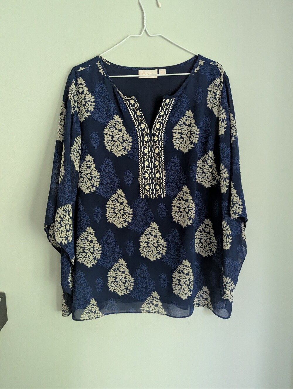 Belle by Kim Gravel Women's Large Floral Medallion Printed Blouse Twilight Blue
